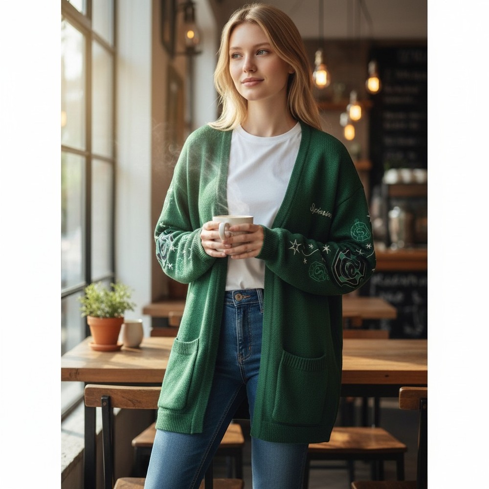 Harry Potter Slytherin‎ Cardigan Women Green Embroidered Patch Pockets Size L
